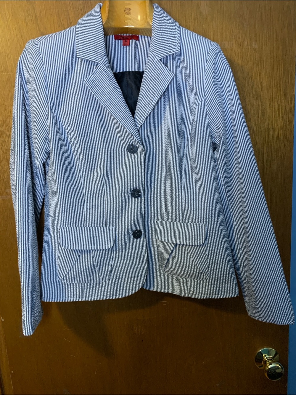 Striped Blue & White Seersucker Blazer - Women’s Tailored Jacket